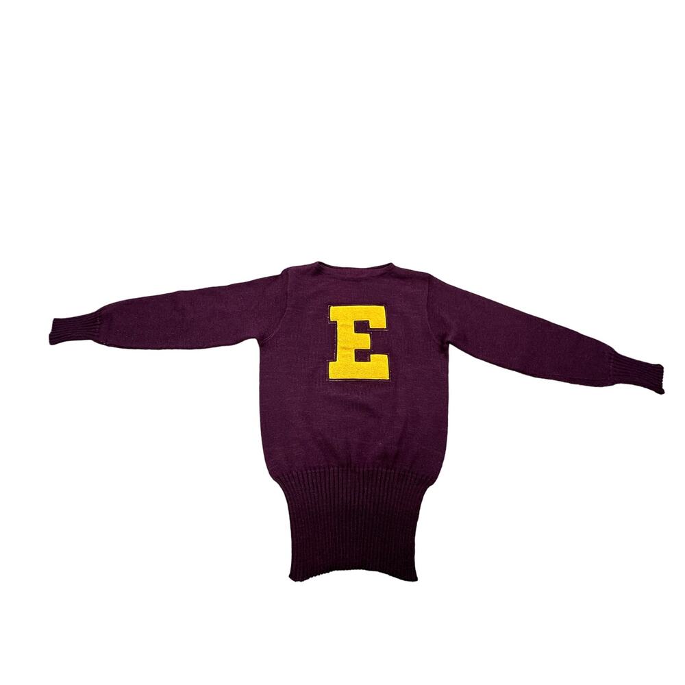 Vintage Purple Varsity Letterman Sweater Yellow Chenille E Patch Long Ribbed Hem